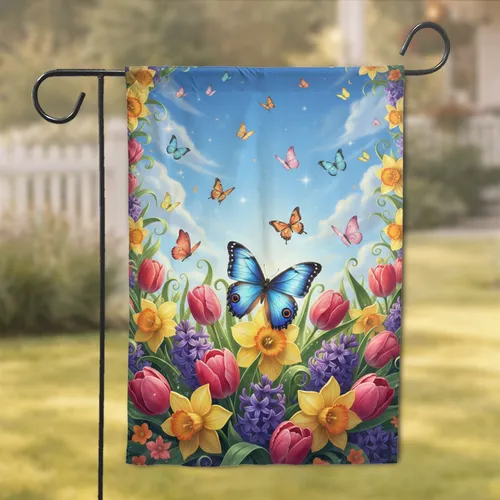 Blue Morpho Butterfly Spring Floral Home Decor Gift for Nature Lovers Garden Flag