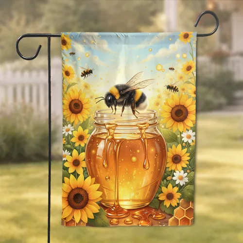 Glowing Bumblebee Honey Jar Sunflowers Honeycomb - Wildlife Lover Home Decor Gift Garden Flag