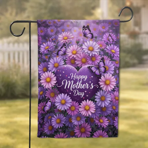 Violet Heart Happy Mother's Day Floral Garden Butterflies - Mother's Day Gift for Mom Garden Flag
