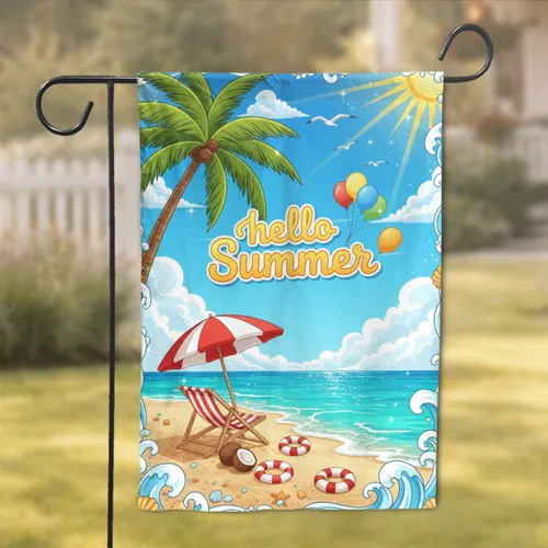 Hello Summer Beach Chair Umbrella Palm Tree Sun Scene - Summer Decor Gift Garden Flag