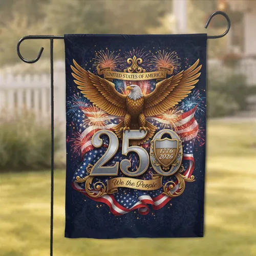 Golden Bald Eagle American Flag Shield 250th Anniversary - Independence Day Gift for Veterans Garden Flag
