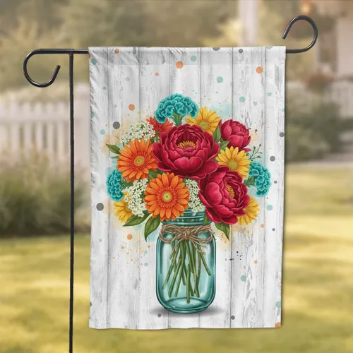 Peony Daisy Bouquet Mason Jar Rustic Wood - Farmhouse Home Decor Gift Garden Flag