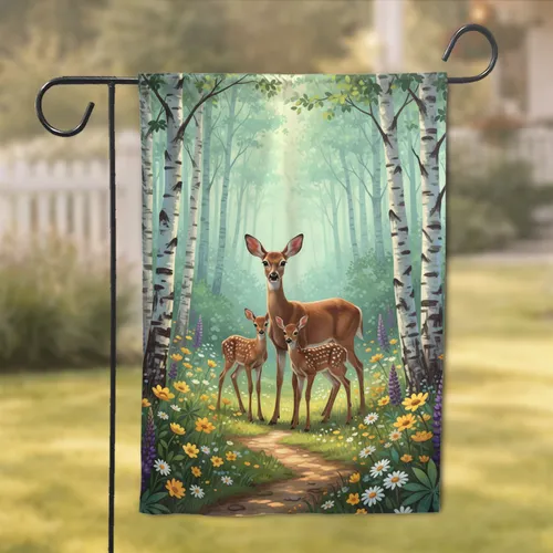 Doe Fawns Wildflower Meadow Birch Forest - Wildlife Lover Home Decor Gift Garden Flag