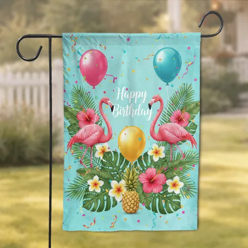 Flamingo Happy Birthday Tropical Balloons - Birthday Party Decor Garden Flag