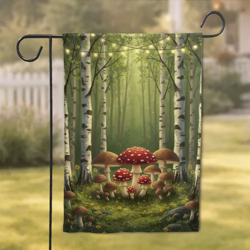 Vibrant Toadstool Mushroom Forest Birch Tree Fairy Lights - Home Decor Gift Garden Flag