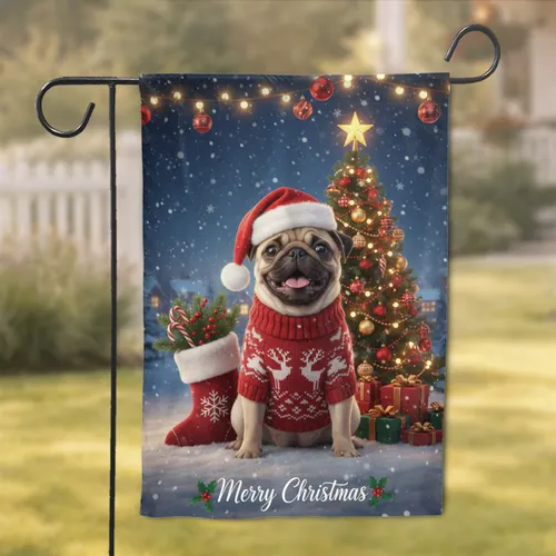 Pug Puppy Santa Hat Christmas Tree Snow - Christmas Holiday Gift for Pug Lover Garden Flag