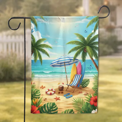Blue Umbrella Surfboard Palm Trees Ocean Tropical Beach Scene - Home Decor Gift Garden Flag