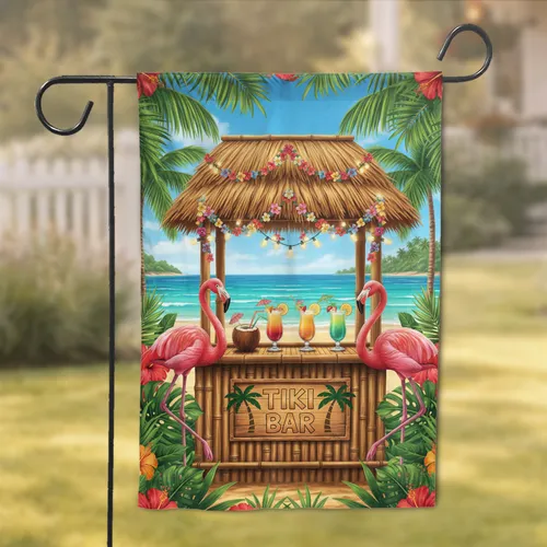 Pink Flamingos Tiki Bar Tropical Cocktails - Beach House Decor Gift Garden Flag