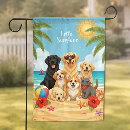 Cheerful Dogs Cats Beach Scene Golden Sun - Home Decor Gift for Pet Lovers Garden Flag