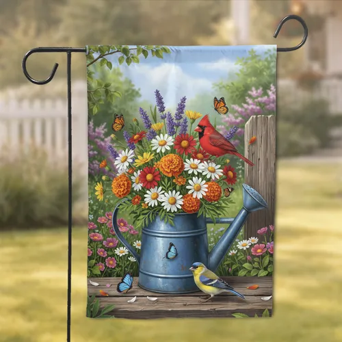 Watering Can Flowers Cardinal Birds Butterflies - Home Decor Gift for Garden Lover Garden Flag
