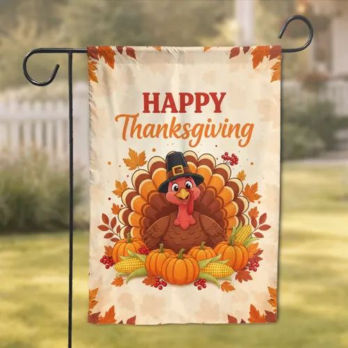 Happy Thanksgiving Turkey Pilgrim Hat Harvest - Thanksgiving Day Celebration Garden Flag