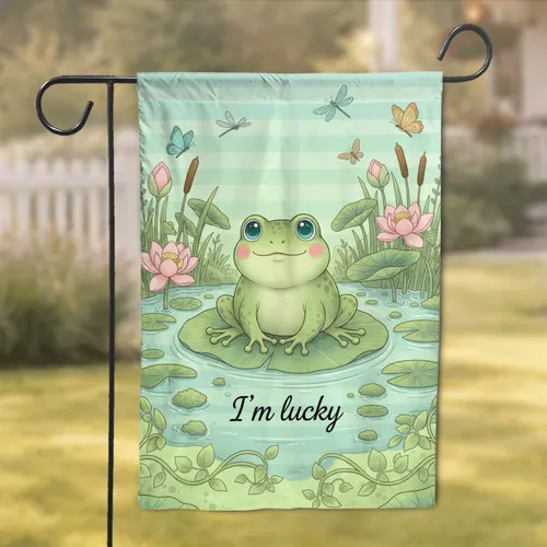 Green Frog Lily Pad Lotus Dragonflies Butterflies 'I'm Lucky' - Home Decor Gift Garden Flag