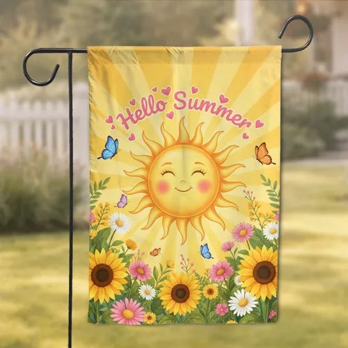 Smiling Sun Hello Summer Butterflies Wildflowers - Summer Celebration Gift Garden Flag
