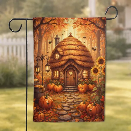Beehive Cottage Autumn Forest Pumpkins Sunflowers - Harvest Home Decor Garden Flag