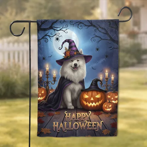 Jack-O'-Lantern White Dog Witch Hat Full Moon Tree Branches Halloween Party Decor Garden Flag