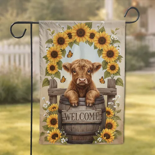 Highland Cow Sunflowers Welcome Sign - Farmhouse Home Decor Gift for Cow Lover Garden Flag