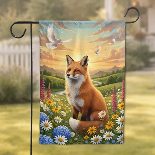 Majestic Red Fox Wildflower Field Birds Sunset - Wildlife Lover Gift Garden Flag
