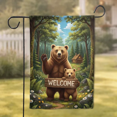 Friendly Bears Welcome Sign Forest Scene - Home Decor Gift for Bear Lover Garden Flag