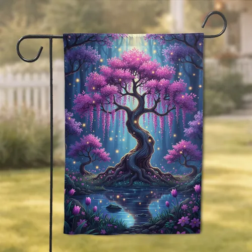 Ancient Gnarled Tree Wisteria Bioluminescent Pond Forest Glowing Orbs - Home Decor Gift Garden Flag