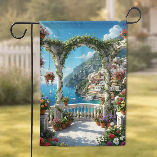 Ornate Mediterranean Balcony Cliffside Town Sea Vista - Travel Lover Home Decor Gift Garden Flag