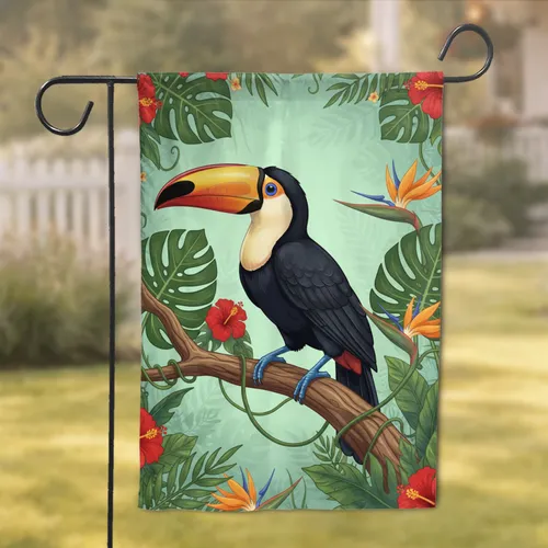 Black Toucan Tropical Jungle Foliage - Jungle Home Decor Gift for Bird Lover Garden Flag