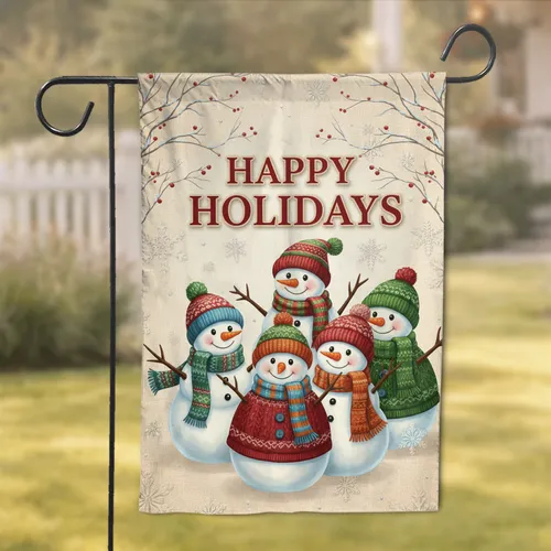 Cheerful Snowmen Winter Branches Happy Holidays - Holiday Gift Garden Flag