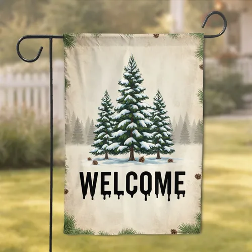 WELCOME Snow-covered Pine Trees Winter Forest Scene - Rustic Home Decor Gift Garden Flag