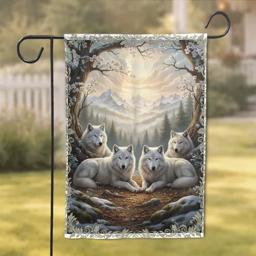 White Gray Wolves Forest Mountain Peaks - Wildlife Lover Home Decor Gift Garden Flag