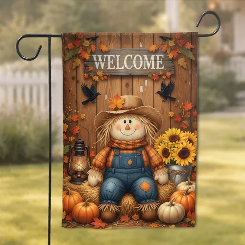 Charming Rustic Scarecrow Pumpkins Sunflowers Welcome Sign - Autumn Harvest Home Decor Garden Flag