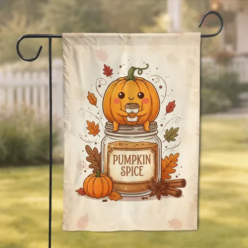 Plump Pumpkin Spice Coffee Jar Autumn Leaves - Thanksgiving Host Gift Garden Flag