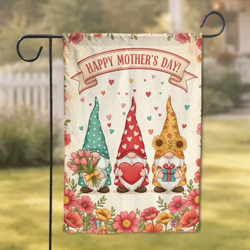 Three Gnomes Tulips Hearts Gift Boxes Floral Border - Mother's Day Gift for Mom Garden Flag