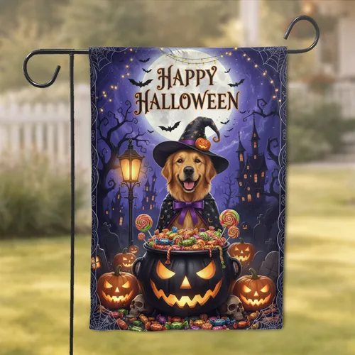 Golden Retriever Witch Hat Jack-o'-Lantern Candy Halloween Home Decor Dog Lover Gift Garden Flag