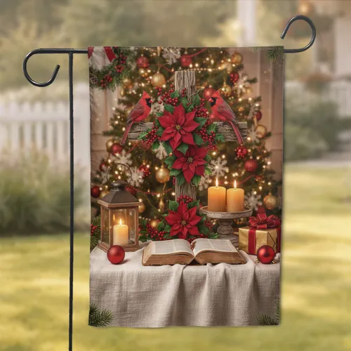 Poinsettia Cardinals Rustic Cross Antique Bible - Christmas Holiday Gift Garden Flag