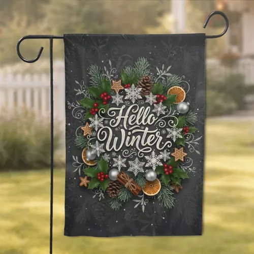 Hello Winter Snowflakes Holly Pine Cones Cinnamon Gingerbread Baubles - Christmas Home Decor Garden Flag