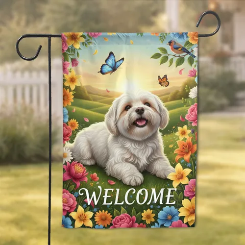 Fluffy White Dog Welcome Garden Flowers - Home Decor Gift for Dog Lovers Garden Flag