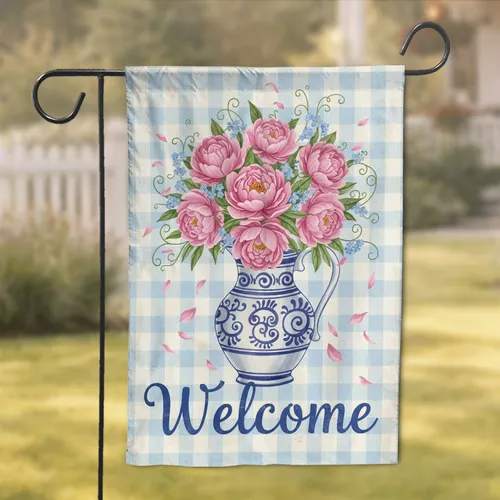Pink Peonies Blue Flowers Welcome Pitcher - Rustic Home Decor Gift Garden Flag
