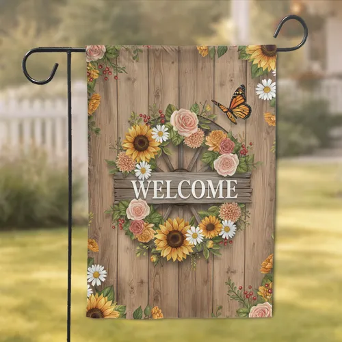 Wagon Wheel Wreath Welcome Sign Monarch Butterfly - Farmhouse Home Decor Gift for Garden Lover Garden Flag