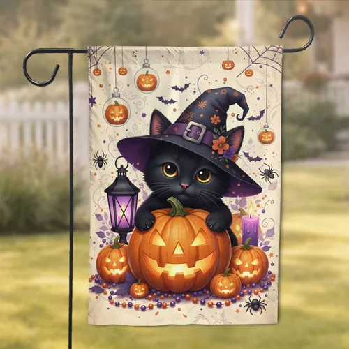 Black Cat Witch Hat Jack-o'-Lantern - Halloween Decor Gift for Cat Lover Garden Flag