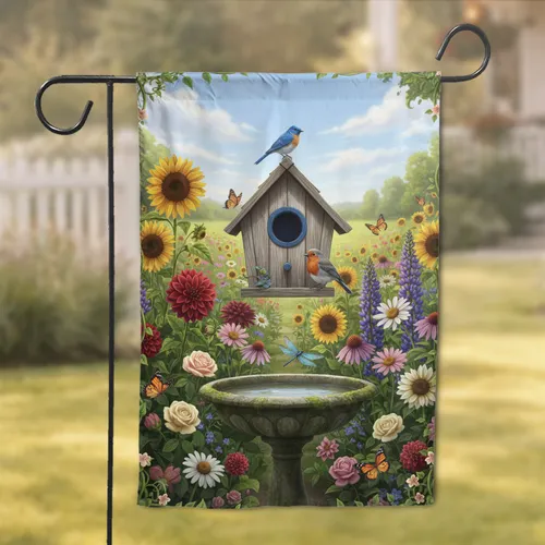 Birdhouse Birdbath Bluebird Robin Garden Flowers - Home Decor Gift for Garden Lover Garden Flag