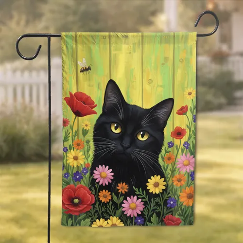 Black Cat Wildflower Meadow - Everyday Home Decor Gift for Cat Lovers Garden Flag
