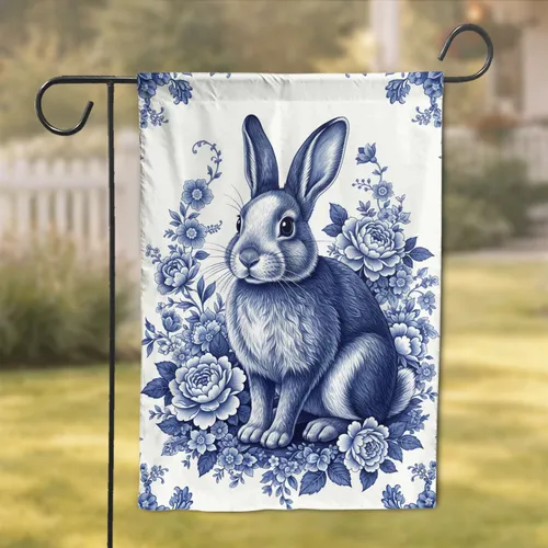 Delftware Chinoiserie Blue White Rabbit Floral - Home Decor Gift Garden Flag