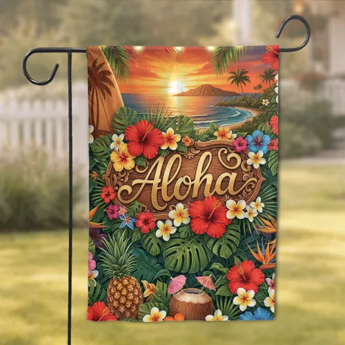 Aloha Sign Tropical Sunset Island - Tropical Lifestyle Home Decor for Hawaii Lovers Garden Flag