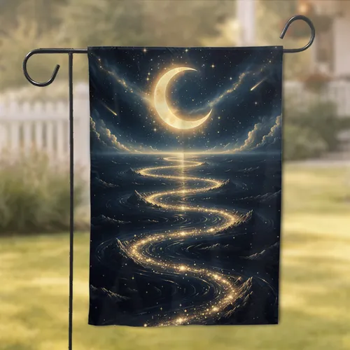 Golden Crescent Moon Mystical River Night Sky - Home Decor Gift for Celestial Lover Garden Flag