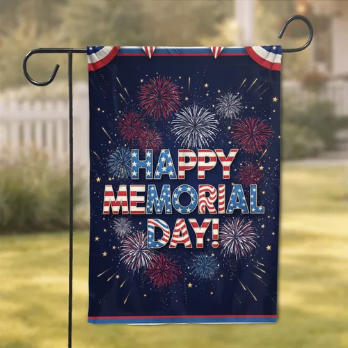 Happy Memorial Day Text Fireworks Stars - Patriotic Celebration for Veterans Garden Flag