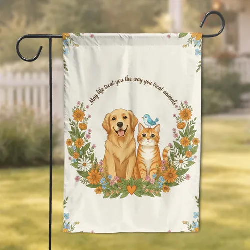 Golden Retriever Cat Bird Wildflower Wreath - Pet Lover Home Decor Gift Garden Flag