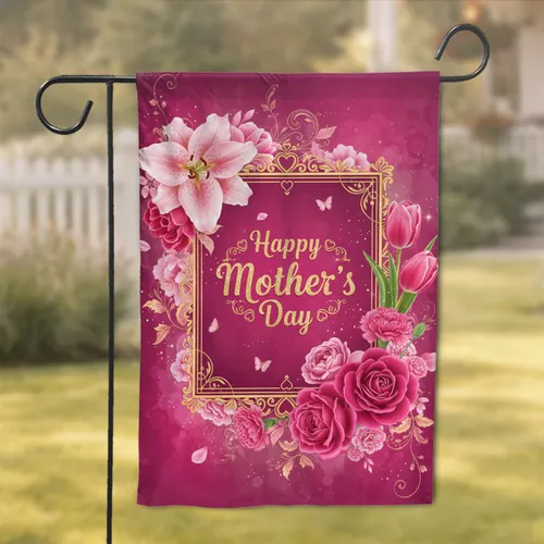 Happy Mother's Day Pink Floral Golden Frame - Mother's Day Gift for Mom Garden Flag