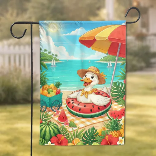 White Duck Watermelon Float Tropical Scene - Summer Vacation Gift for Duck Lovers Garden Flag
