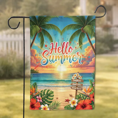 Hello Summer Tropical Beach Sunset - Summer Decor Gift for Beach Lover Garden Flag
