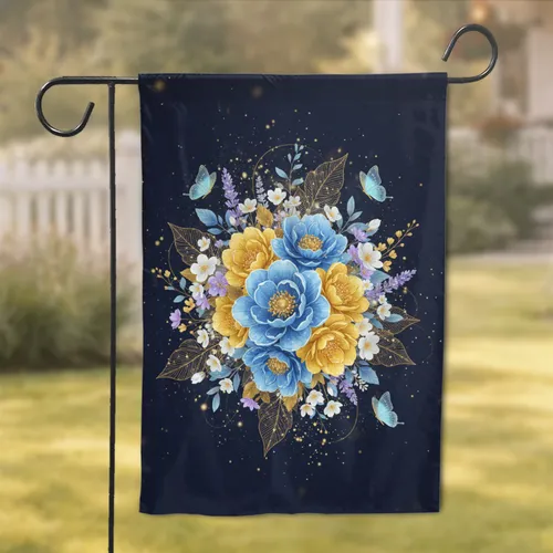Blue Golden Flowers Butterflies Home Decor Gift for Nature Lover Garden Flag