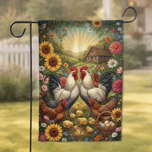 Rooster Hen Chick Farmhouse Wildflower - Farmhouse Home Decor for Farm Lover Garden Flag